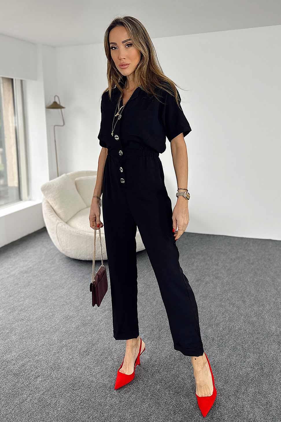 Düğmeli Cep Detay Tulum Siyah