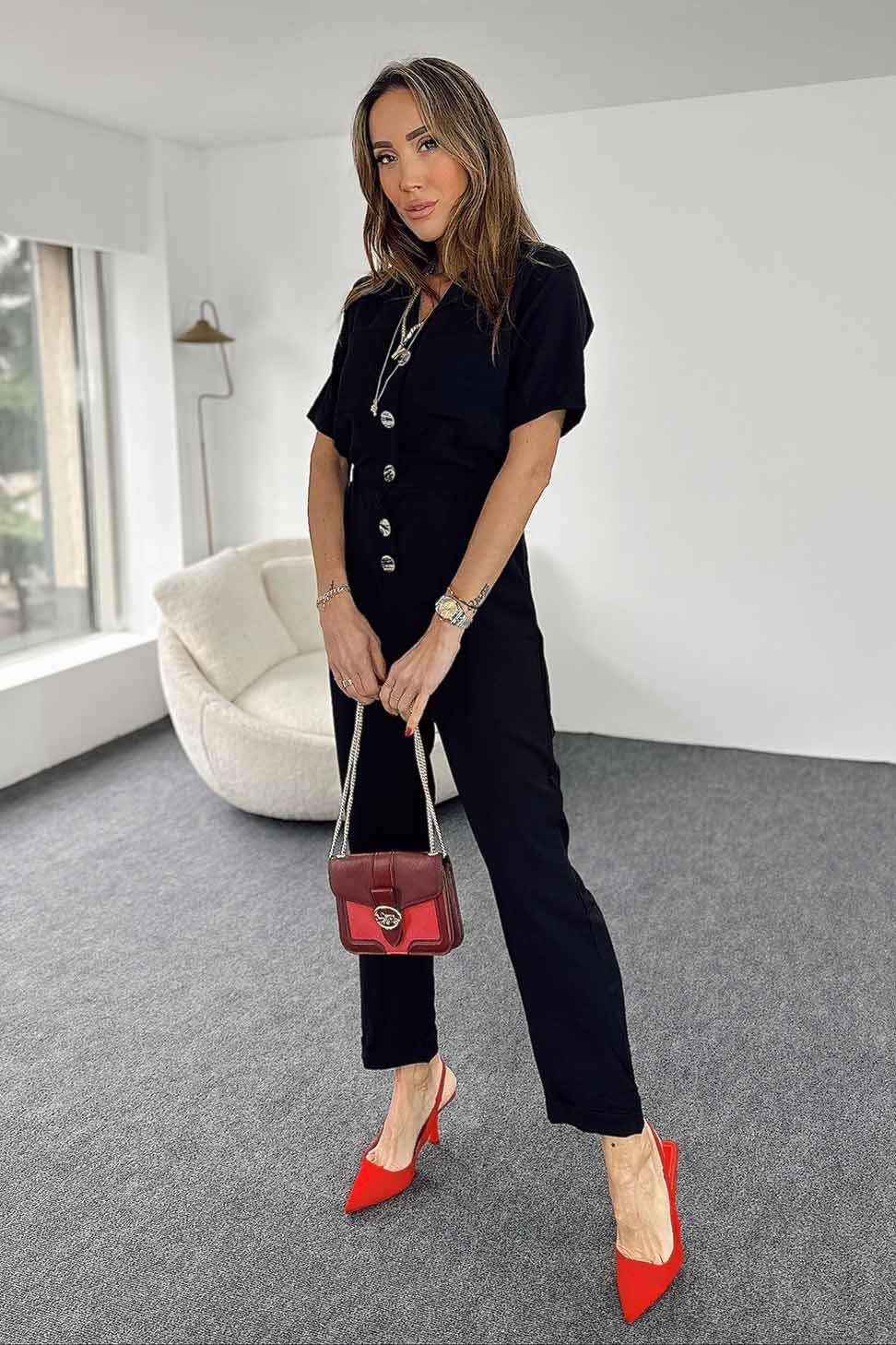 Düğmeli Cep Detay Tulum Siyah