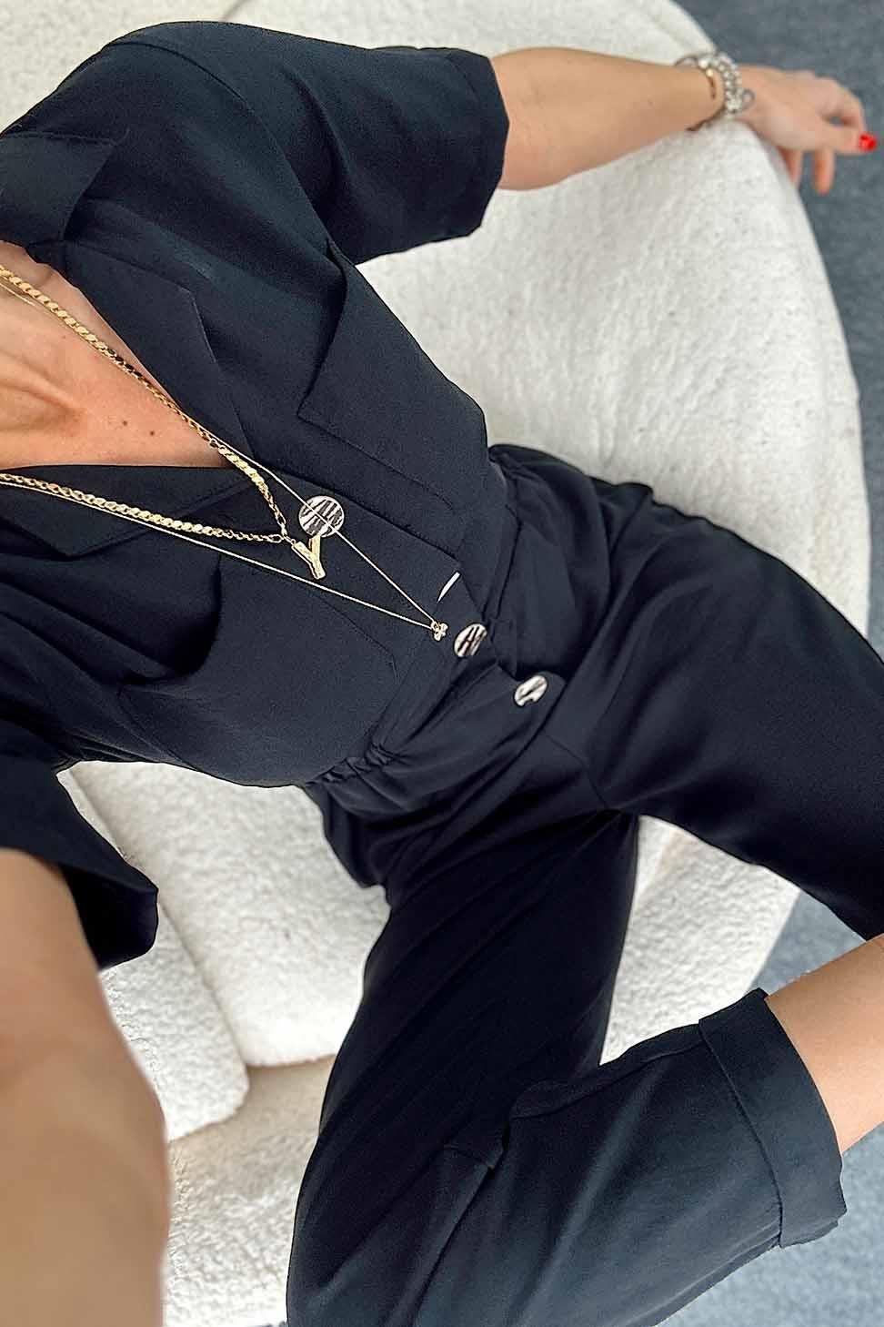 Düğmeli Cep Detay Tulum Siyah