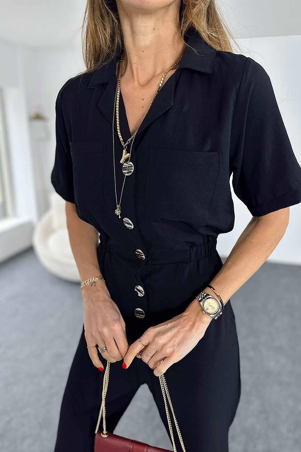 Düğmeli Cep Detay Tulum Siyah