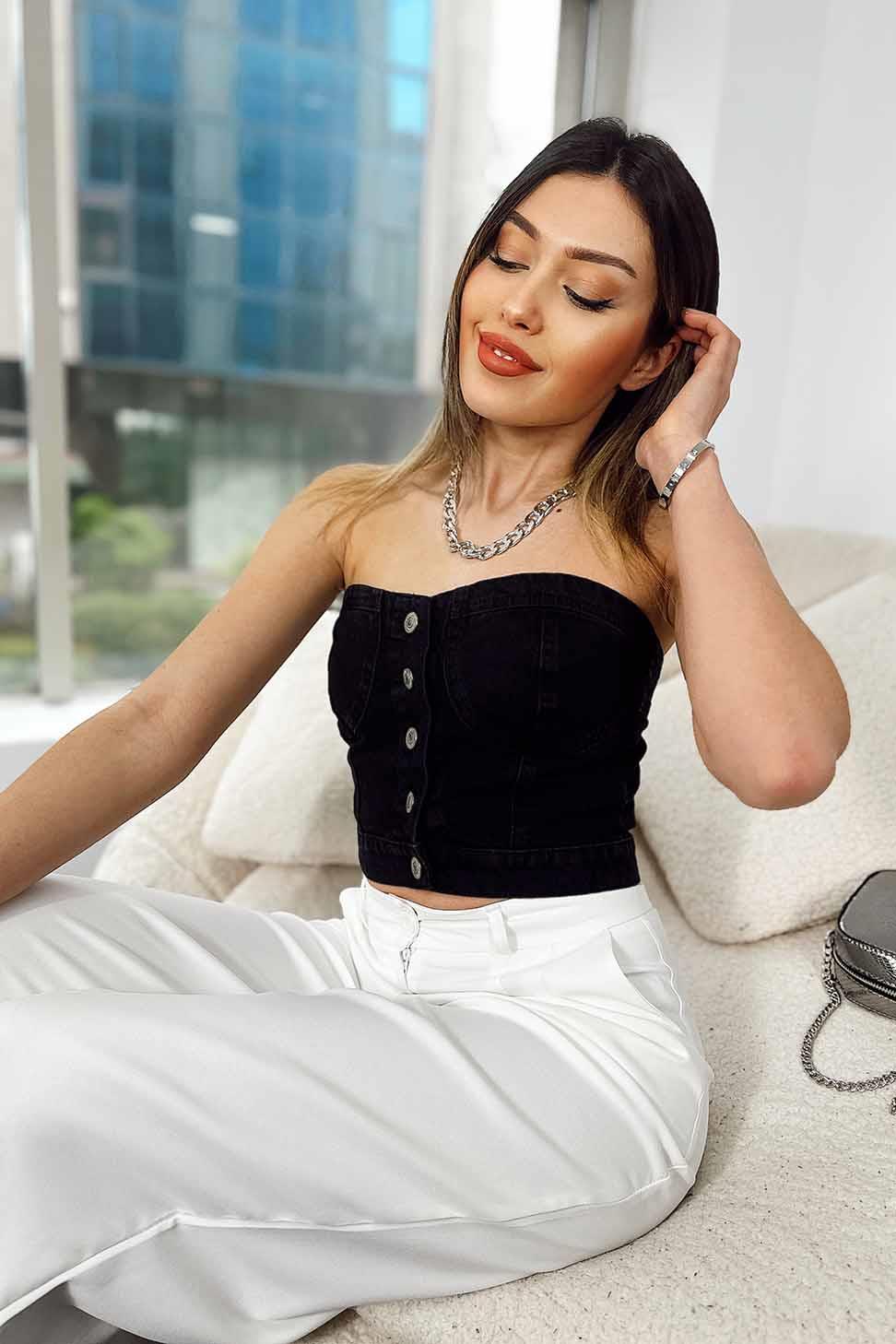 Düğmeli Denim Crop Büstiyer Füme