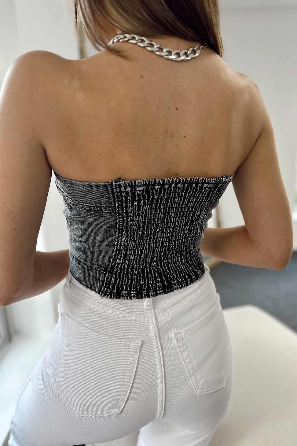 Düğmeli Denim Crop Büstiyer Gri