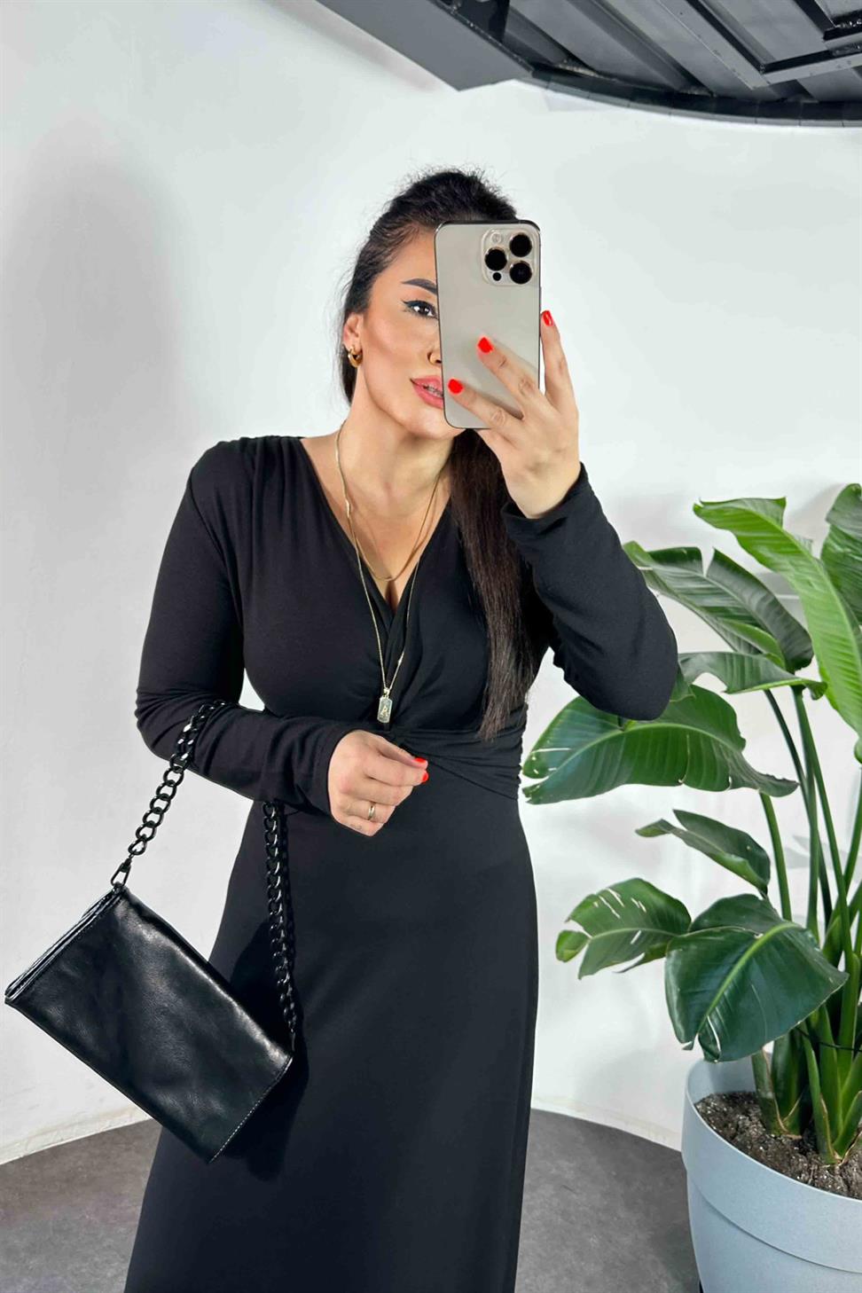 Düğüm Detay Astarlı Tasarım Elbise Siyah