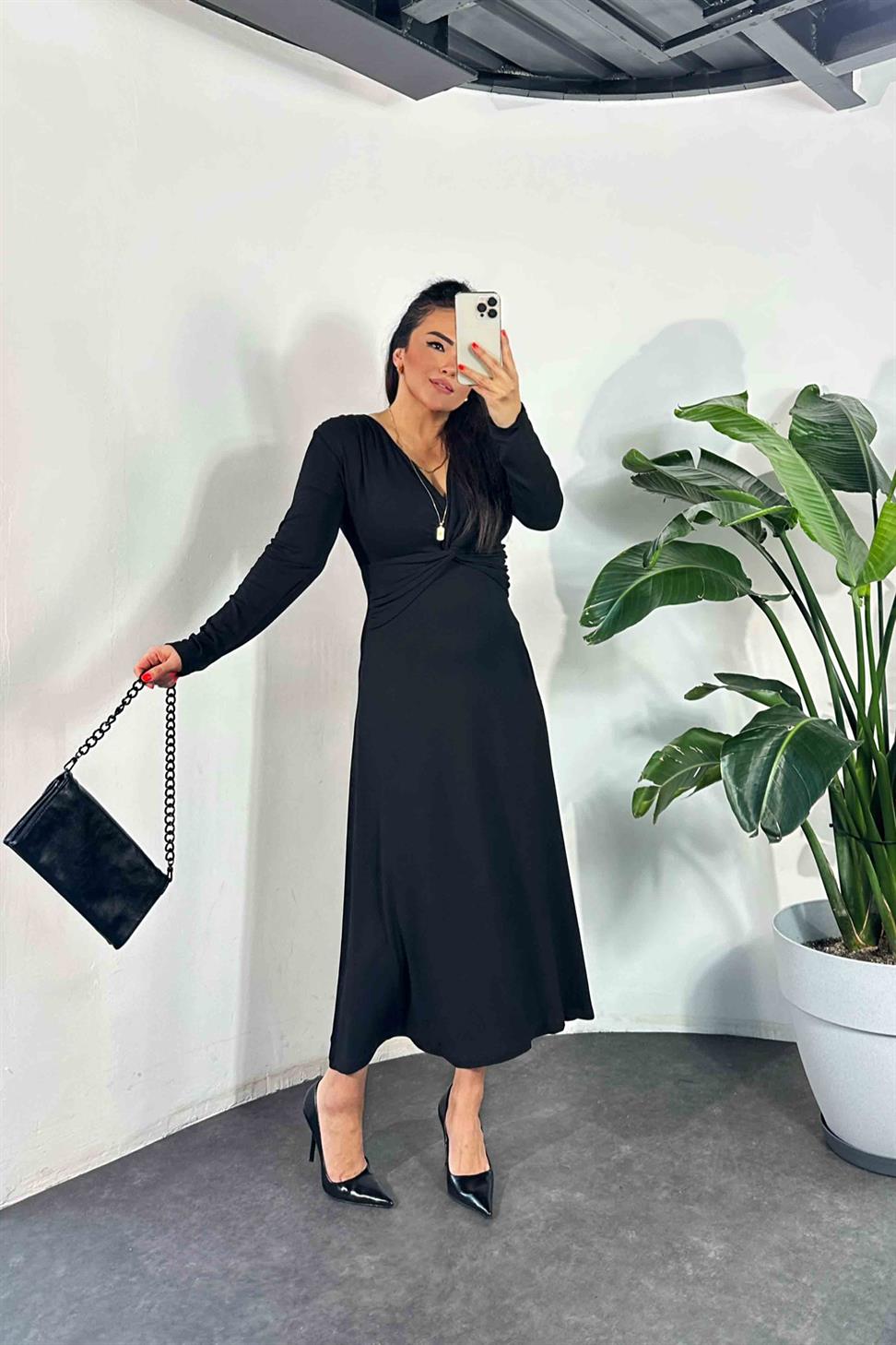 Düğüm Detay Astarlı Tasarım Elbise Siyah