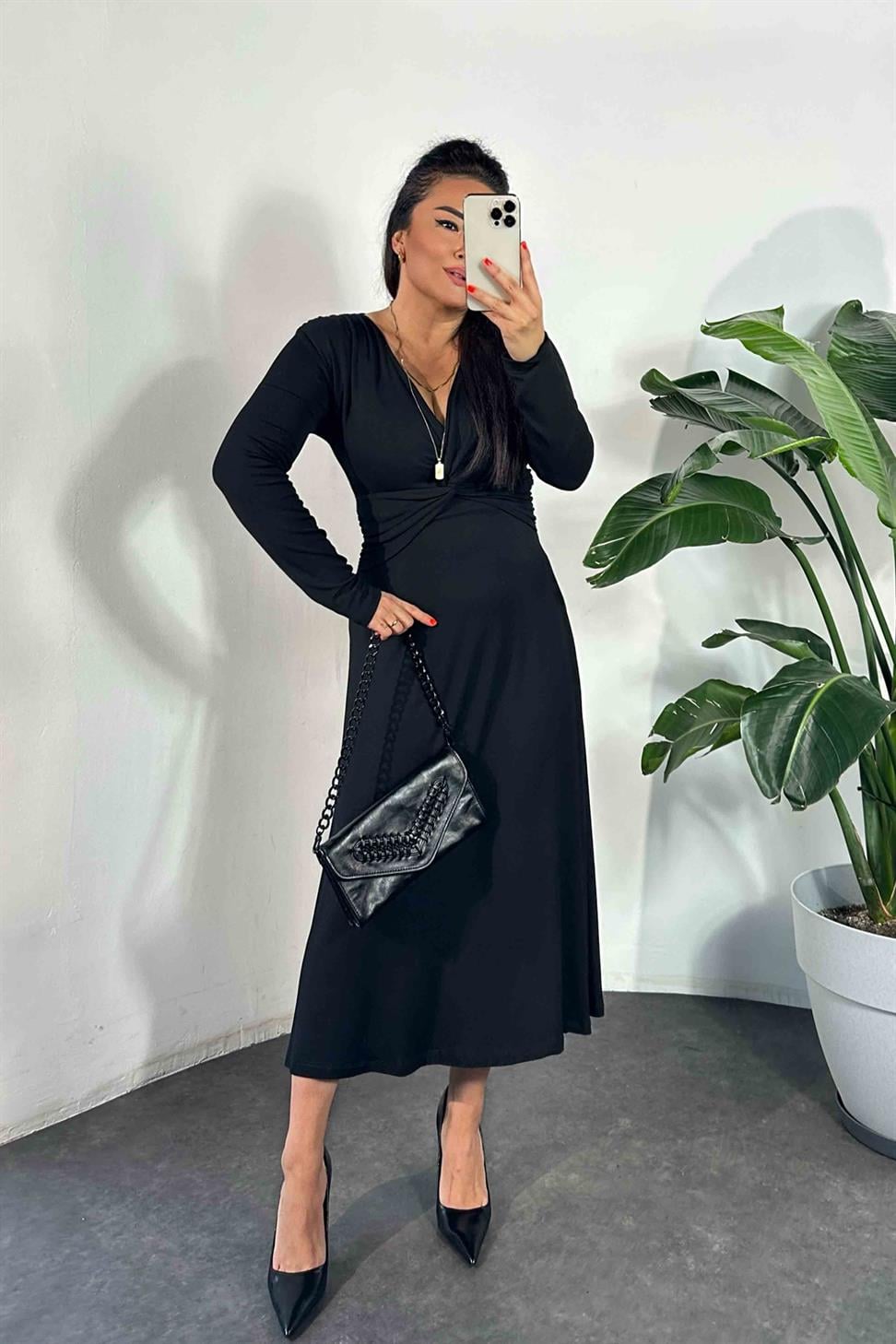 Düğüm Detay Astarlı Tasarım Elbise Siyah