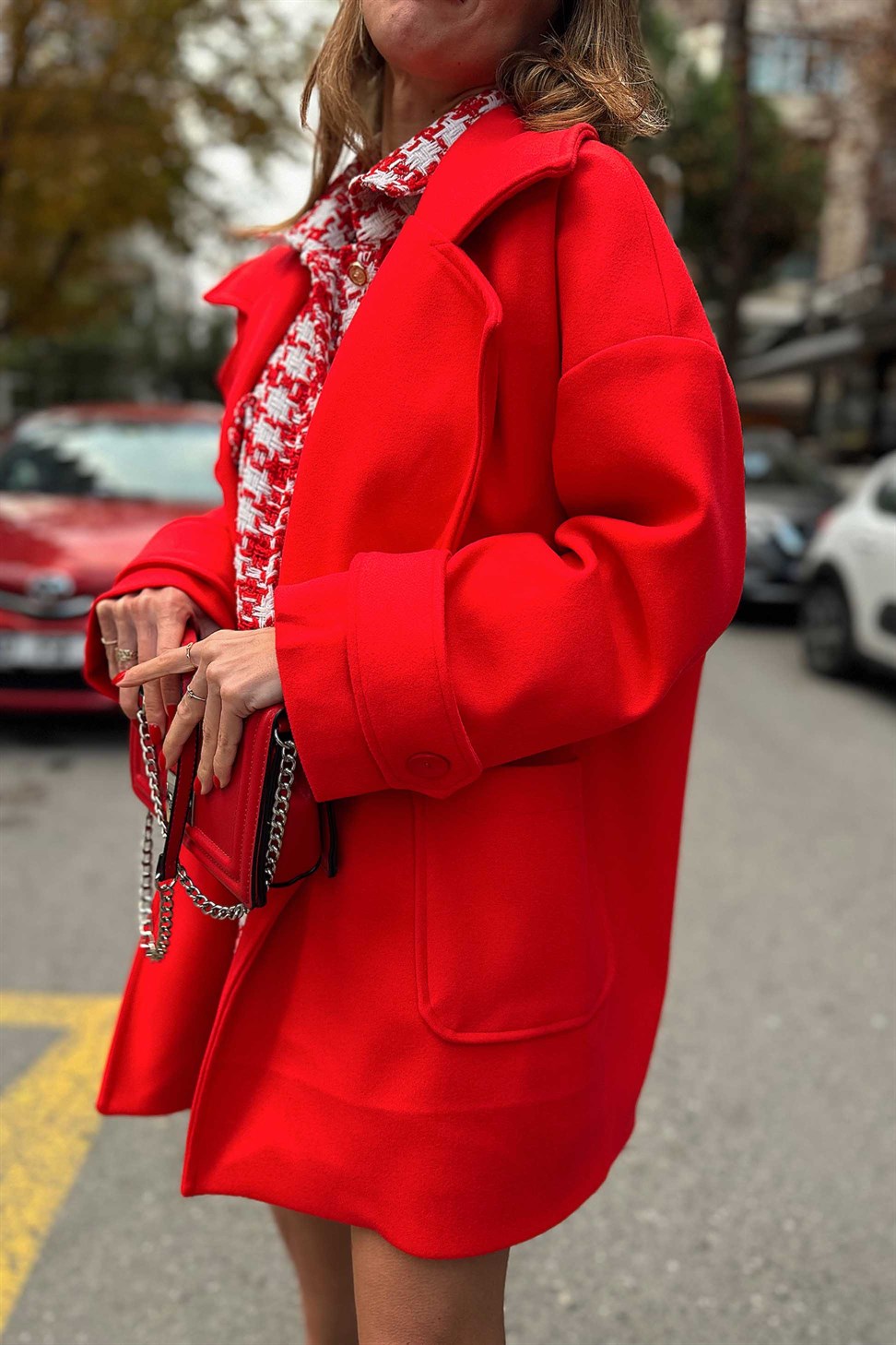 Düşük Kol Kaşe Midi Kaban Kırmızı