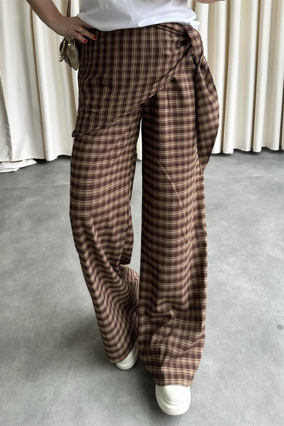 Ekose Desen Fular Detaylı Palazzo Pantolon Kahve/Camel