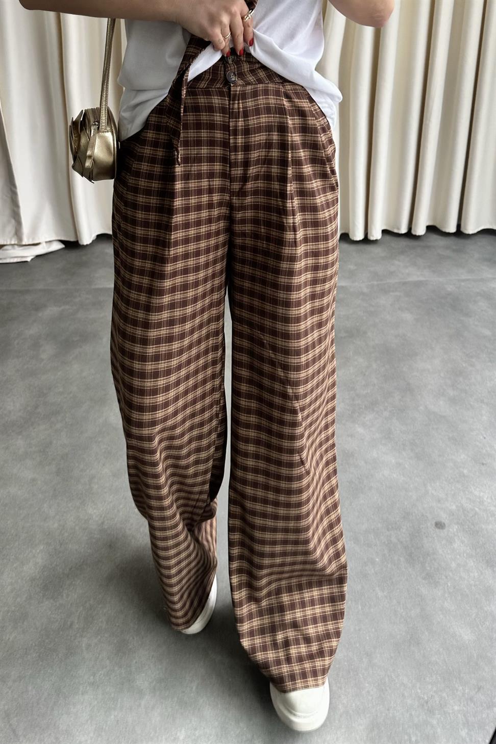 Ekose Desen Fular Detaylı Palazzo Pantolon Kahve/Camel