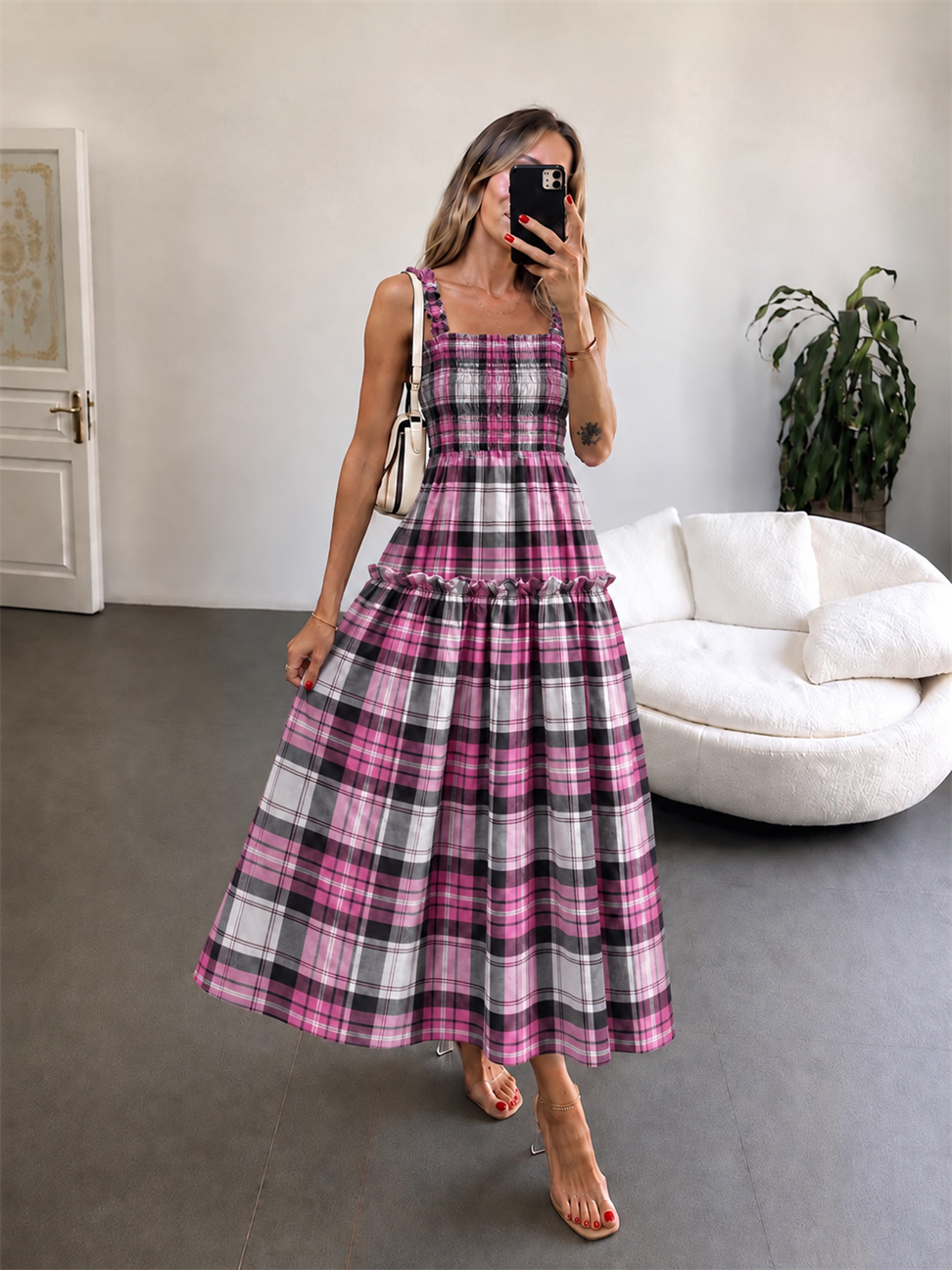 Ekose Detaylı Maksi Elbise Pembe