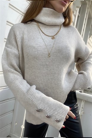 Ekru Silver Düğme Detay Balıkçı Oversize Tasarım Triko