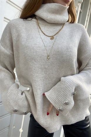 Ekru Silver Düğme Detay Balıkçı Oversize Tasarım Triko