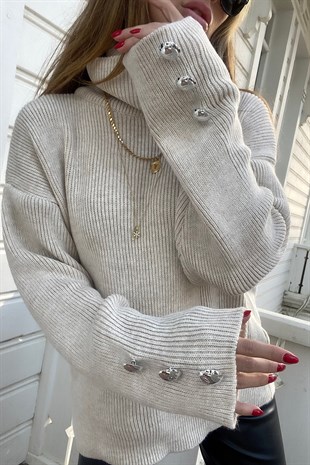 Ekru Silver Düğme Detay Balıkçı Oversize Tasarım Triko