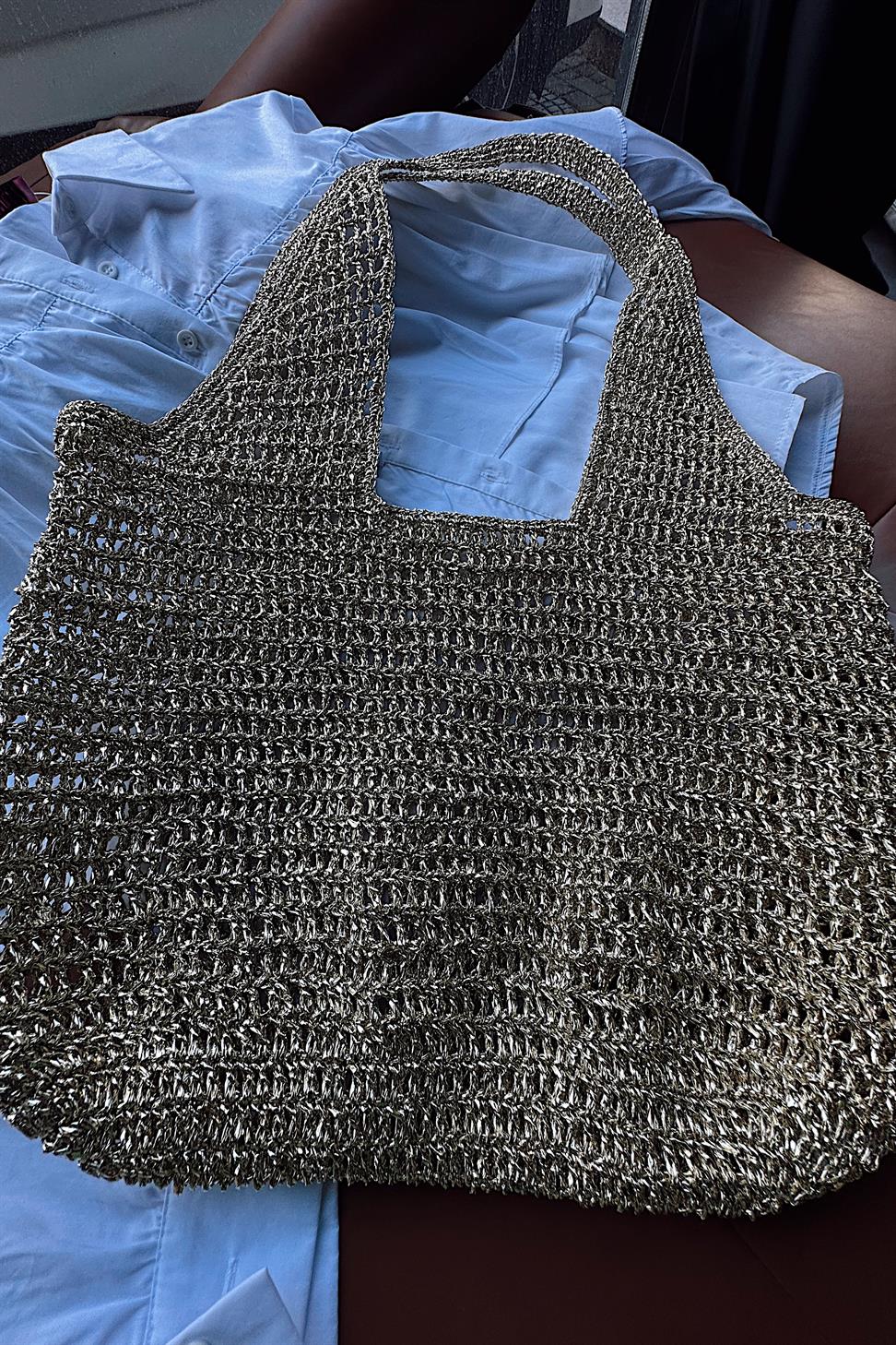 El Yapımı Örgü File Çanta Gold