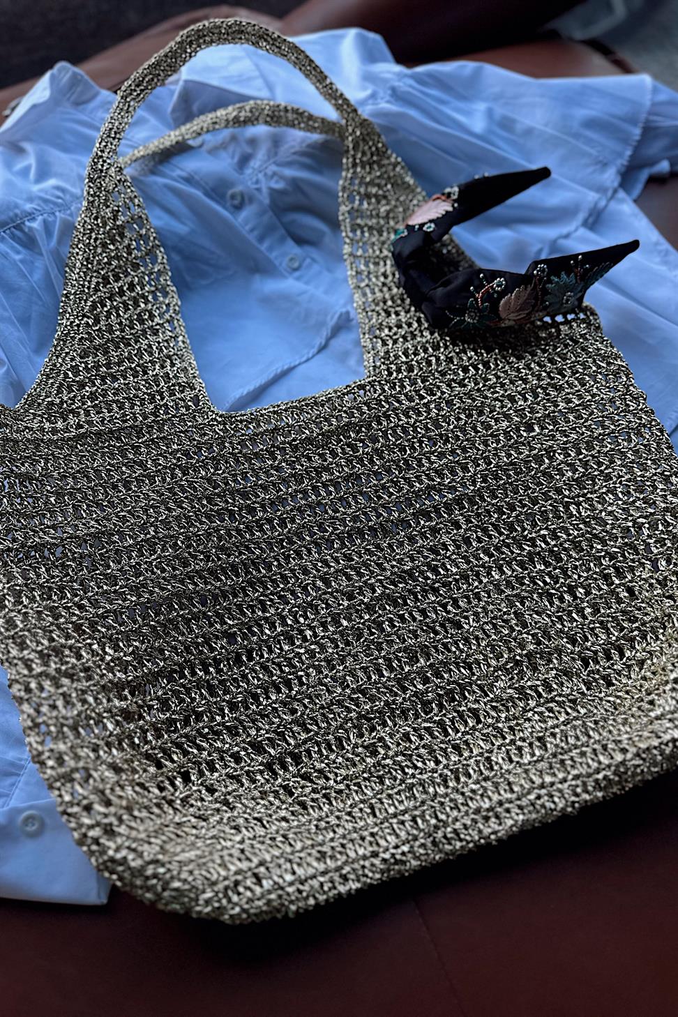 El Yapımı Örgü File Çanta Gold