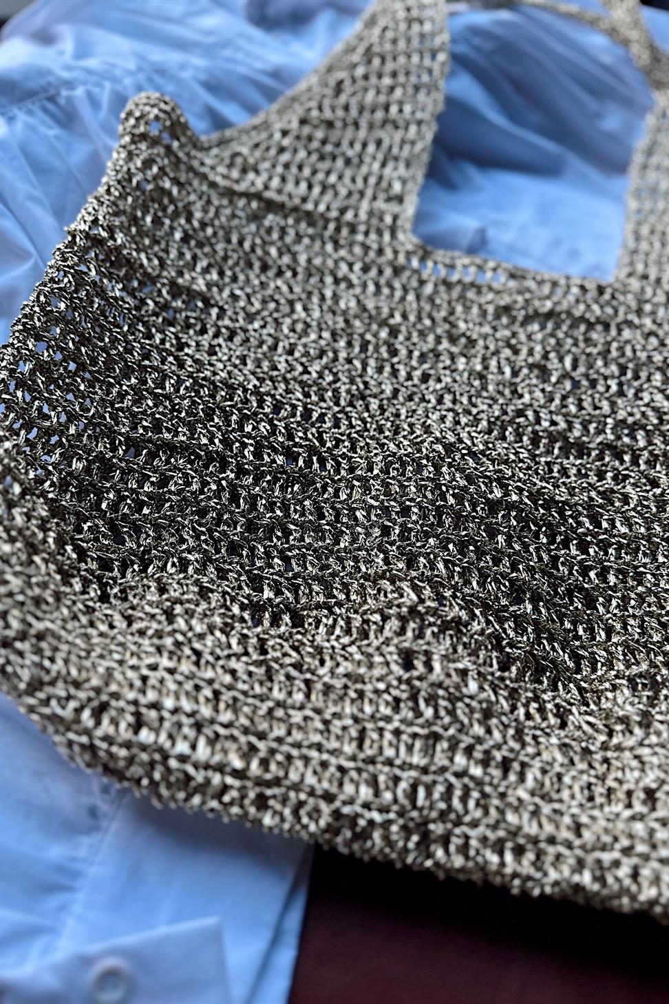 El Yapımı Örgü File Çanta Gold