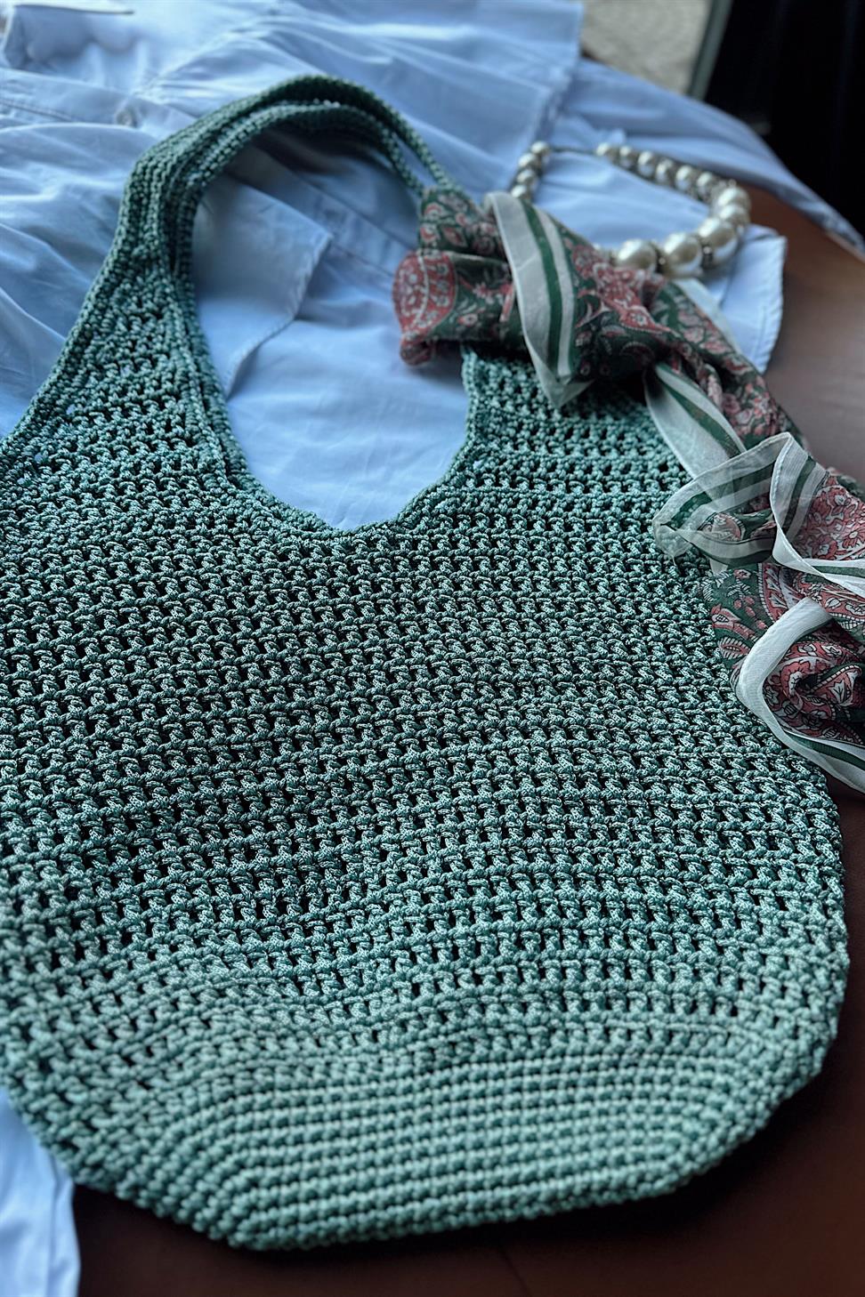 El Yapımı Örgü File Çanta Mint