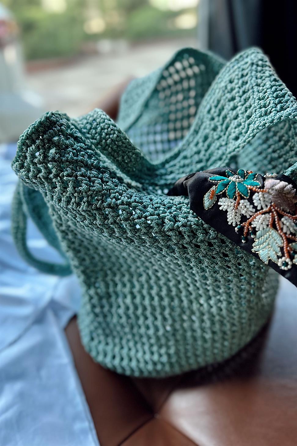 El Yapımı Örgü File Çanta Mint