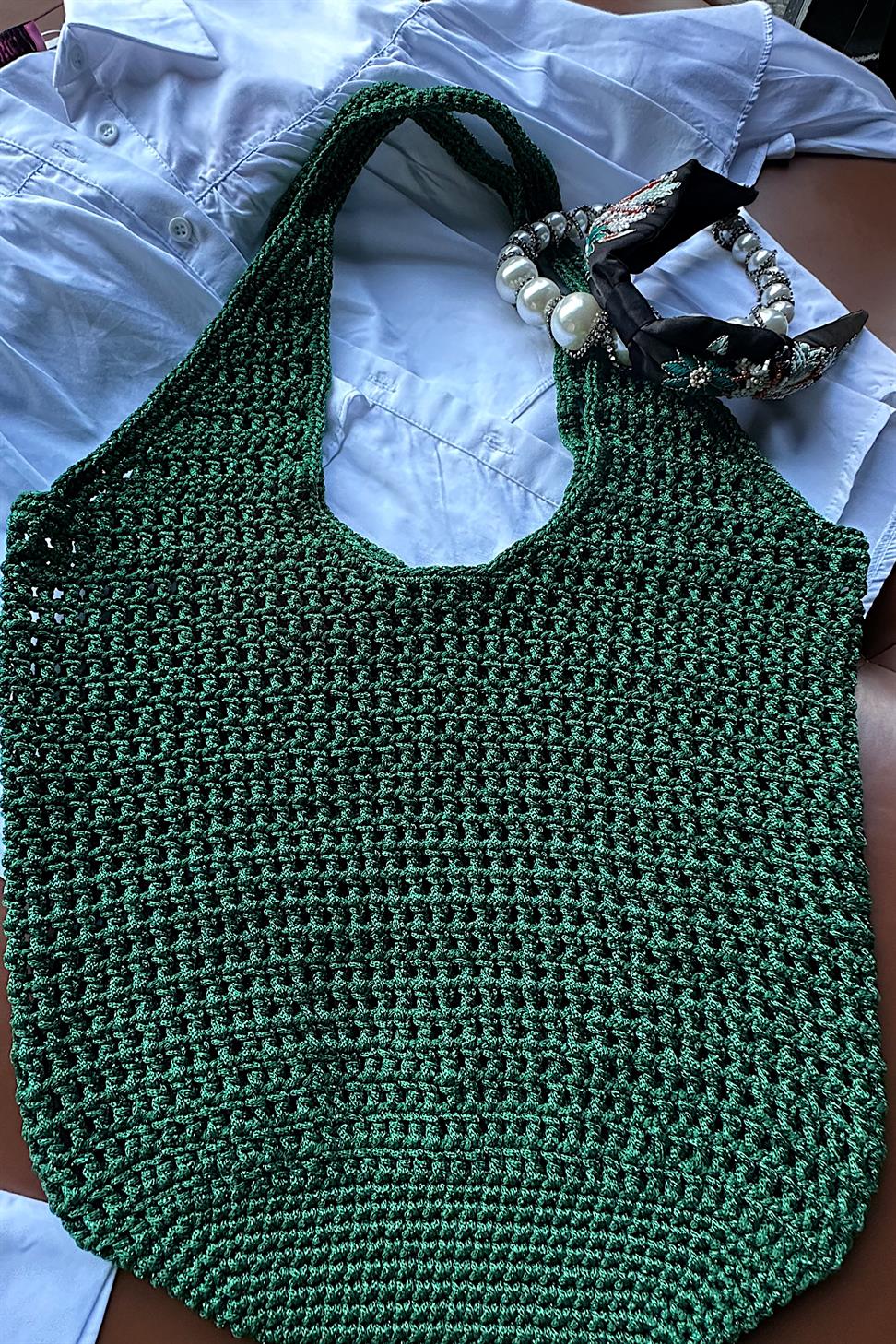 El Yapımı Örgü File Çanta Yeşil