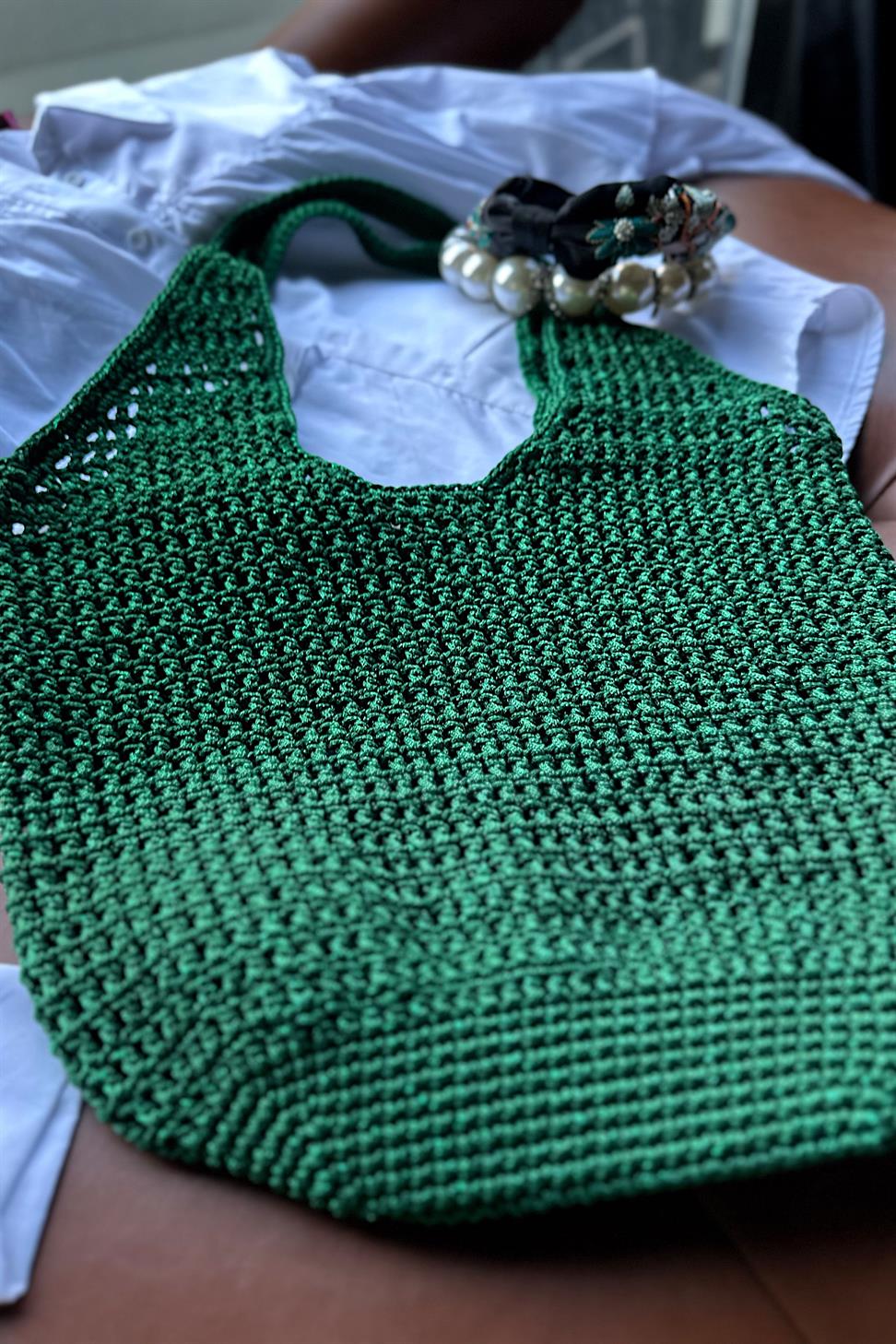 El Yapımı Örgü File Çanta Yeşil