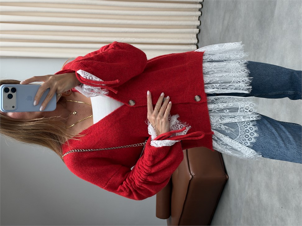 Eteği ve Kolları Dantel Detaylı Tasarım Hırka Kırmızı