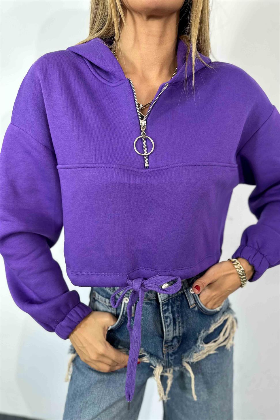 Fermuar Detay Kapüşonlu Crop Sweatshirt Mor