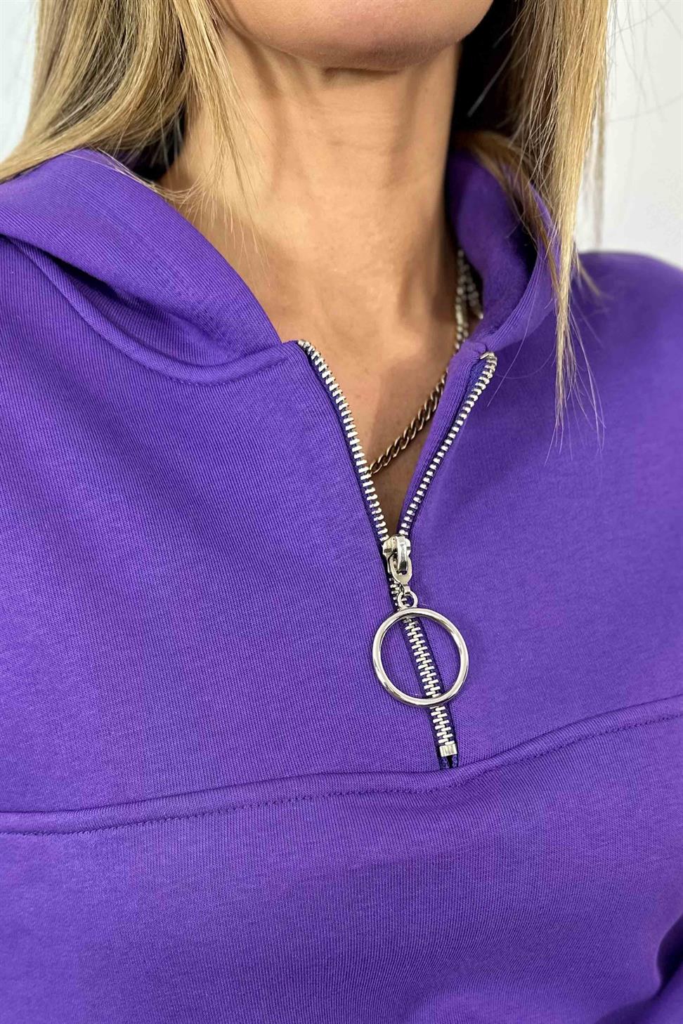 Fermuar Detay Kapüşonlu Crop Sweatshirt Mor