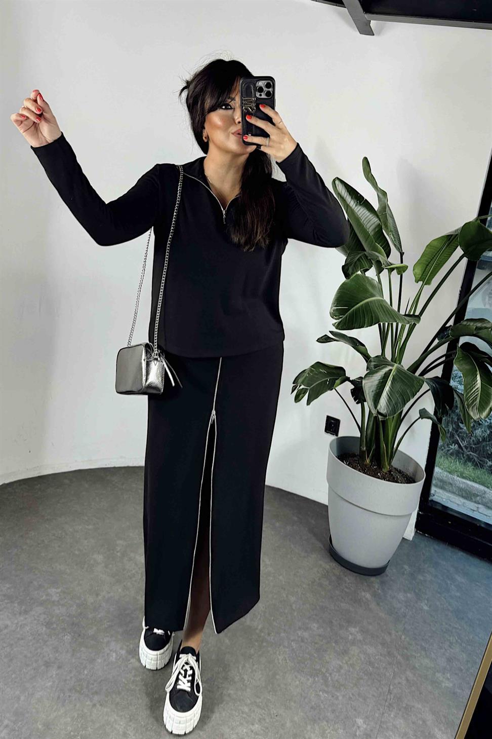 Fermuar Detaylı Etekli Kadın Takım Siyah