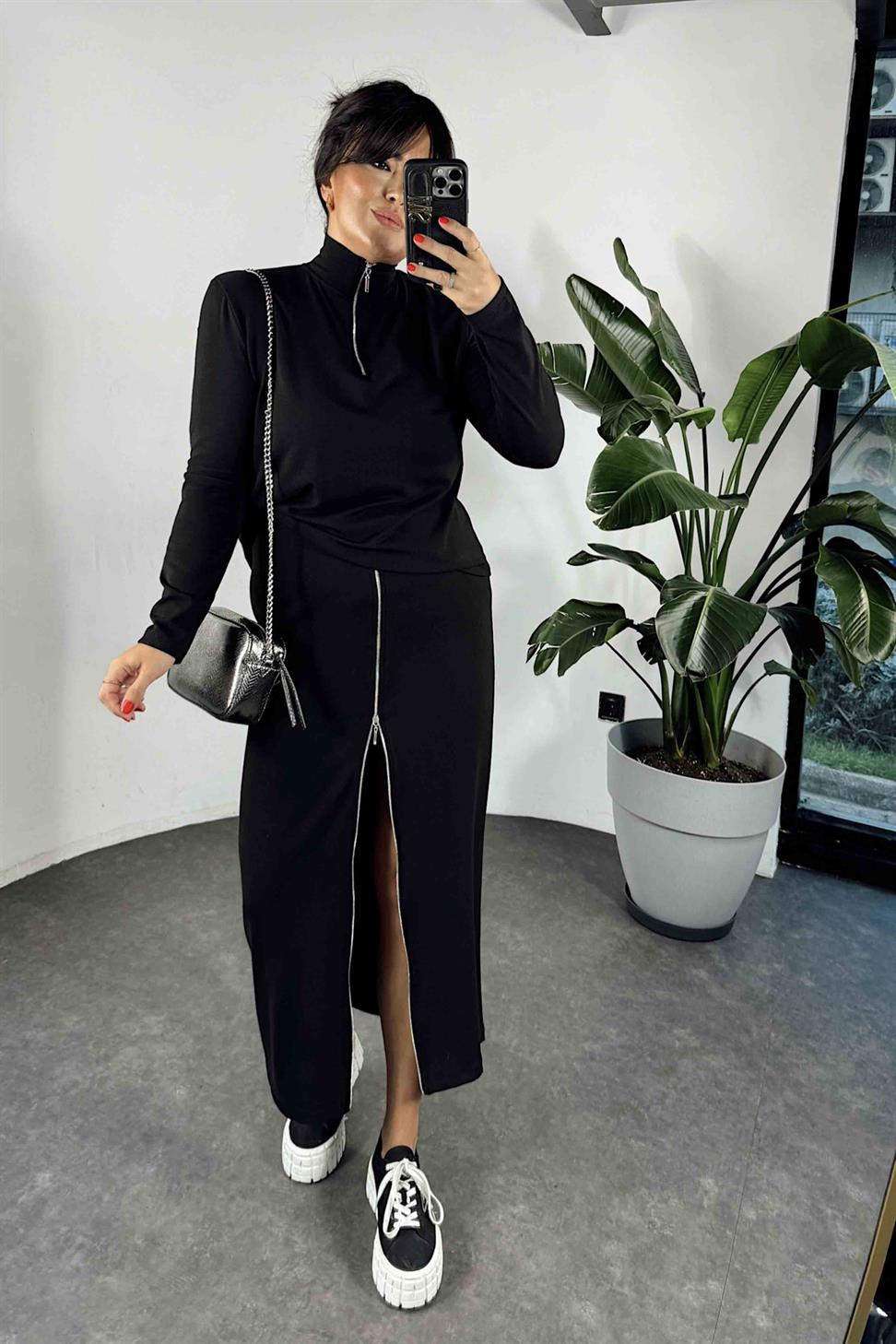 Fermuar Detaylı Etekli Kadın Takım Siyah