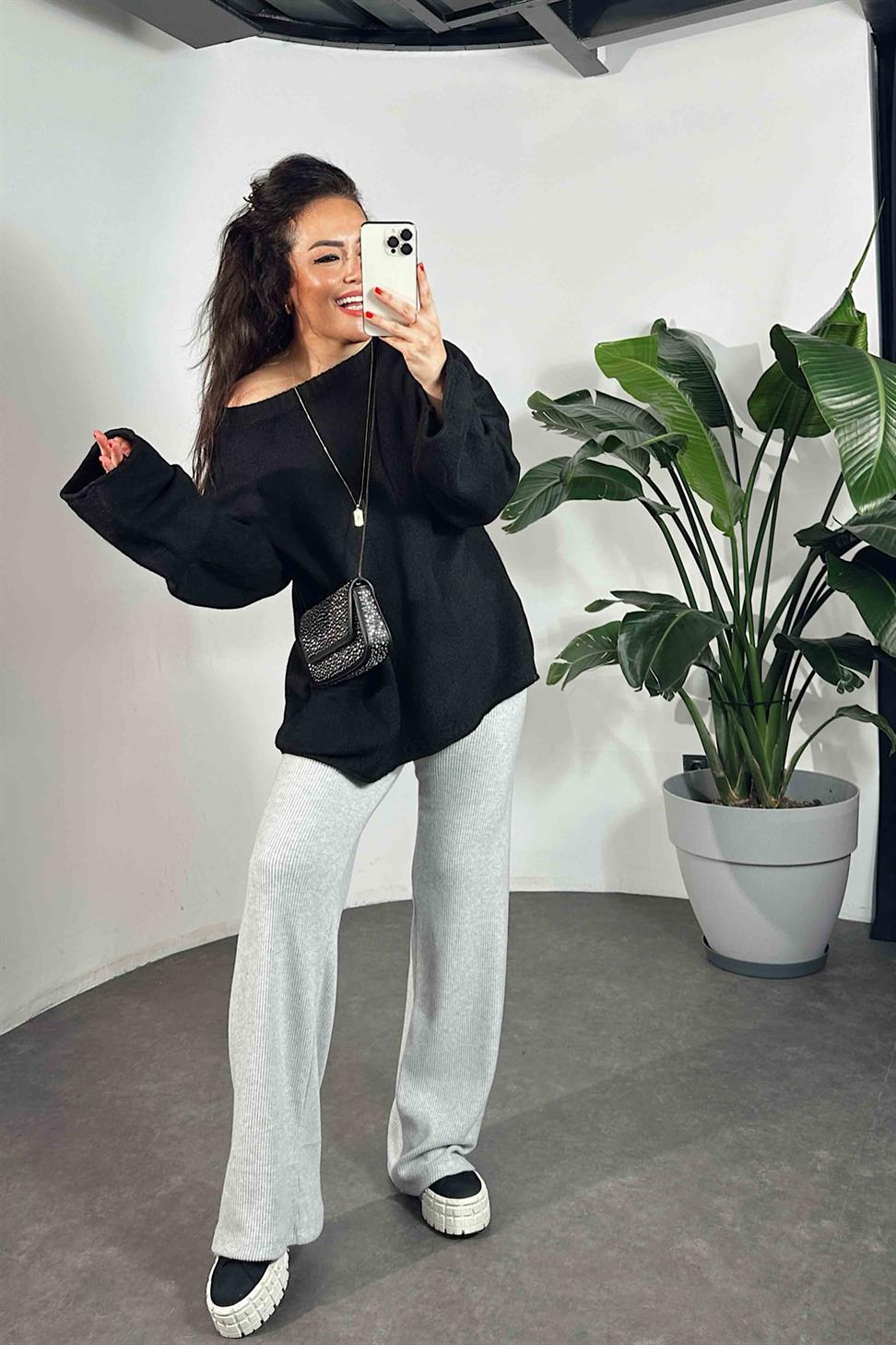 Fitilli likralı yumoş pantolon Gri