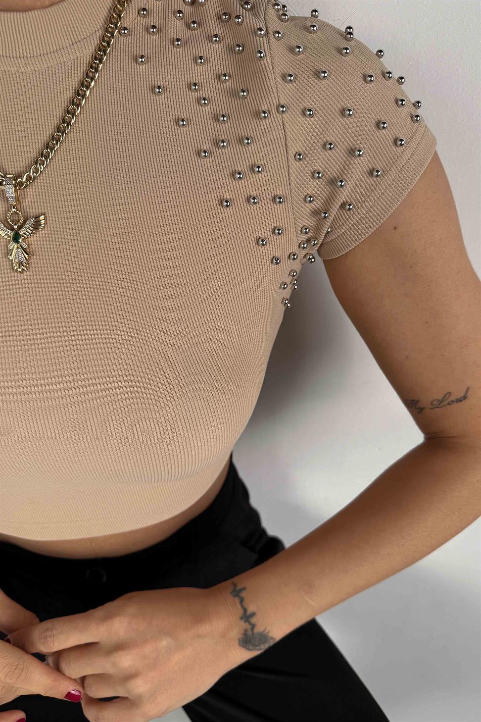 Fitilli Silver İnci Detay Crop Bej