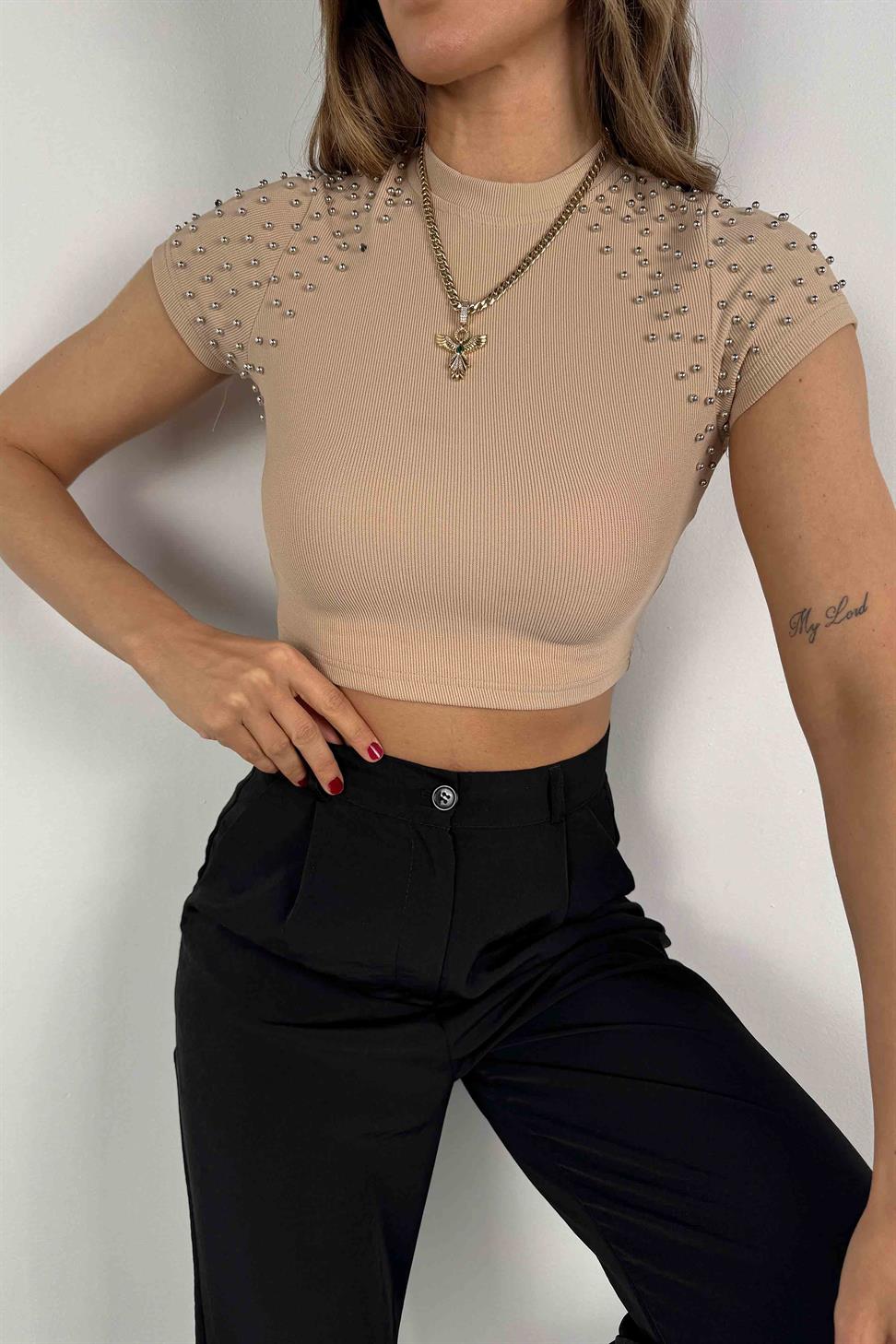 Fitilli Silver İnci Detay Crop Bej
