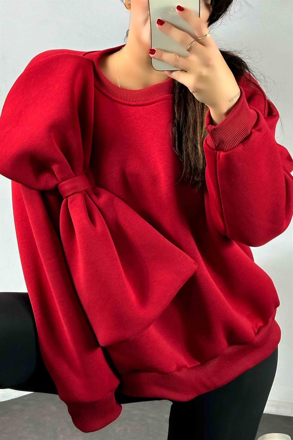 Fiyonk Detay İçi Şardonlu Oversive Sweatshirt Kırmızı