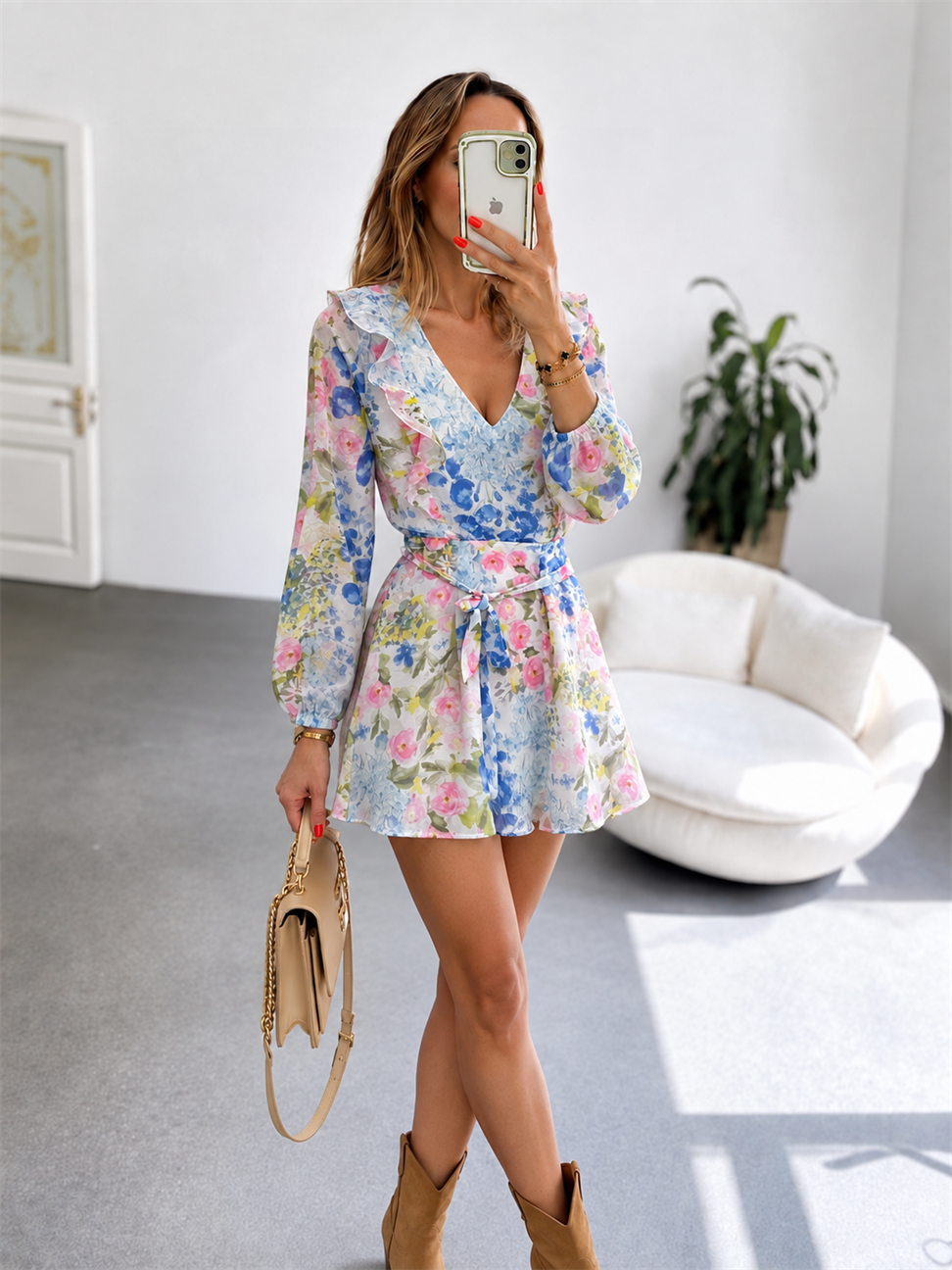 Floral Desenli Astarlı Şifon Elbise