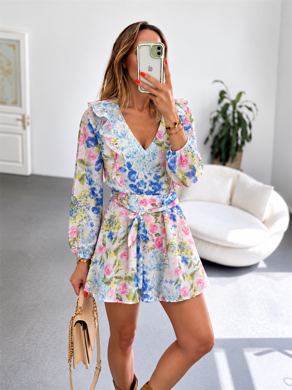 Floral Desenli Astarlı Şifon Elbise
