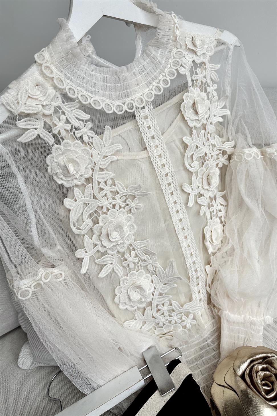 Floral Lace İkili Tasarım Bluz Ekru