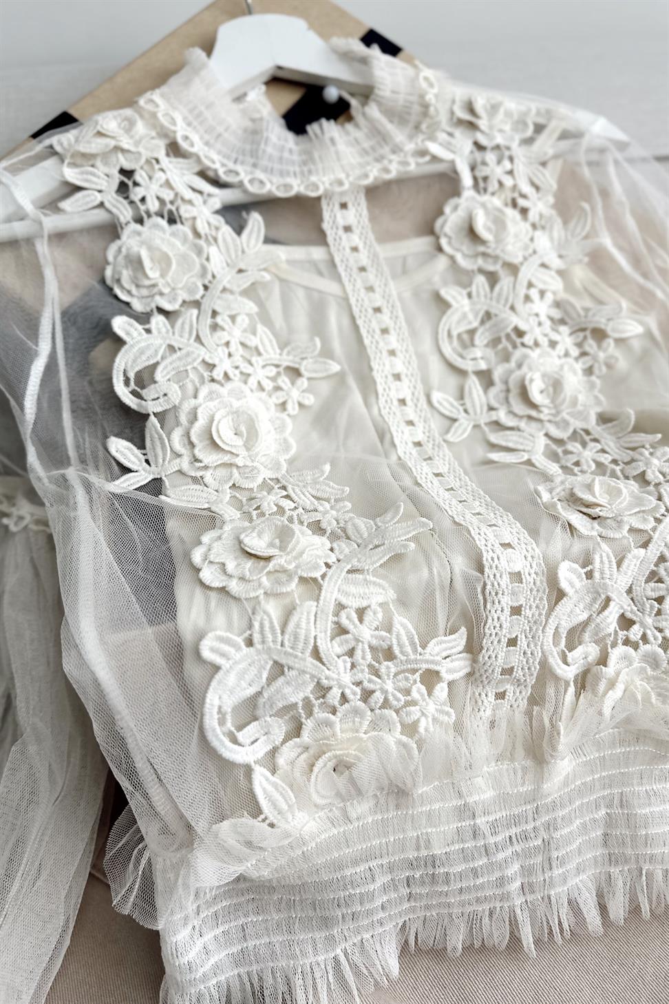 Floral Lace İkili Tasarım Bluz Ekru