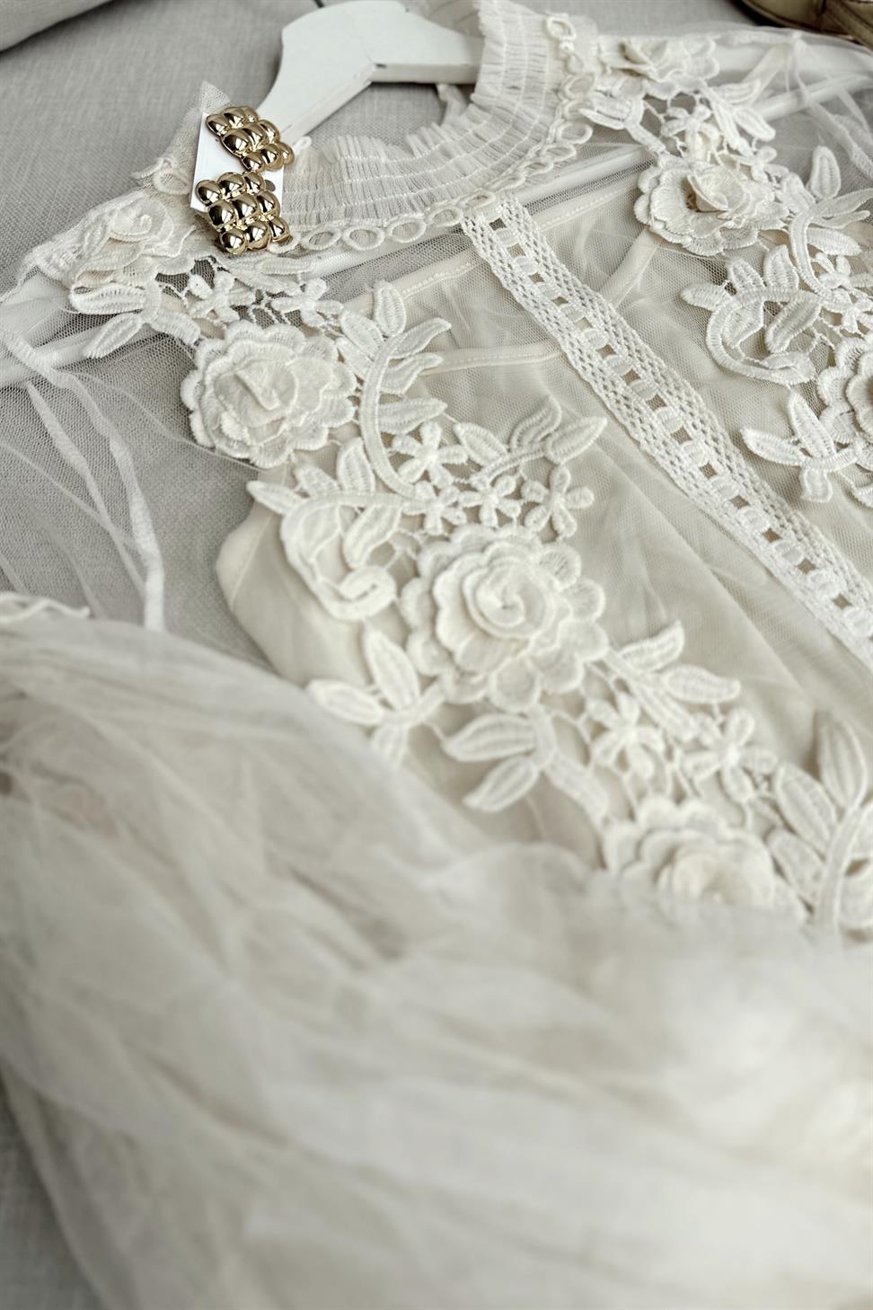 Floral Lace İkili Tasarım Bluz Ekru