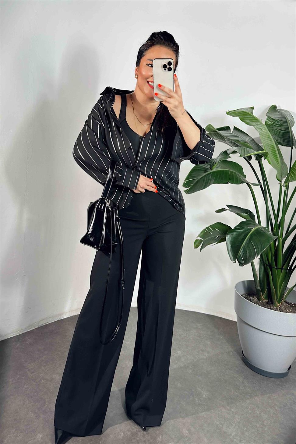 Full Likralı Yandan Fermuar Detaylı Palazzo Pantolon Siyah