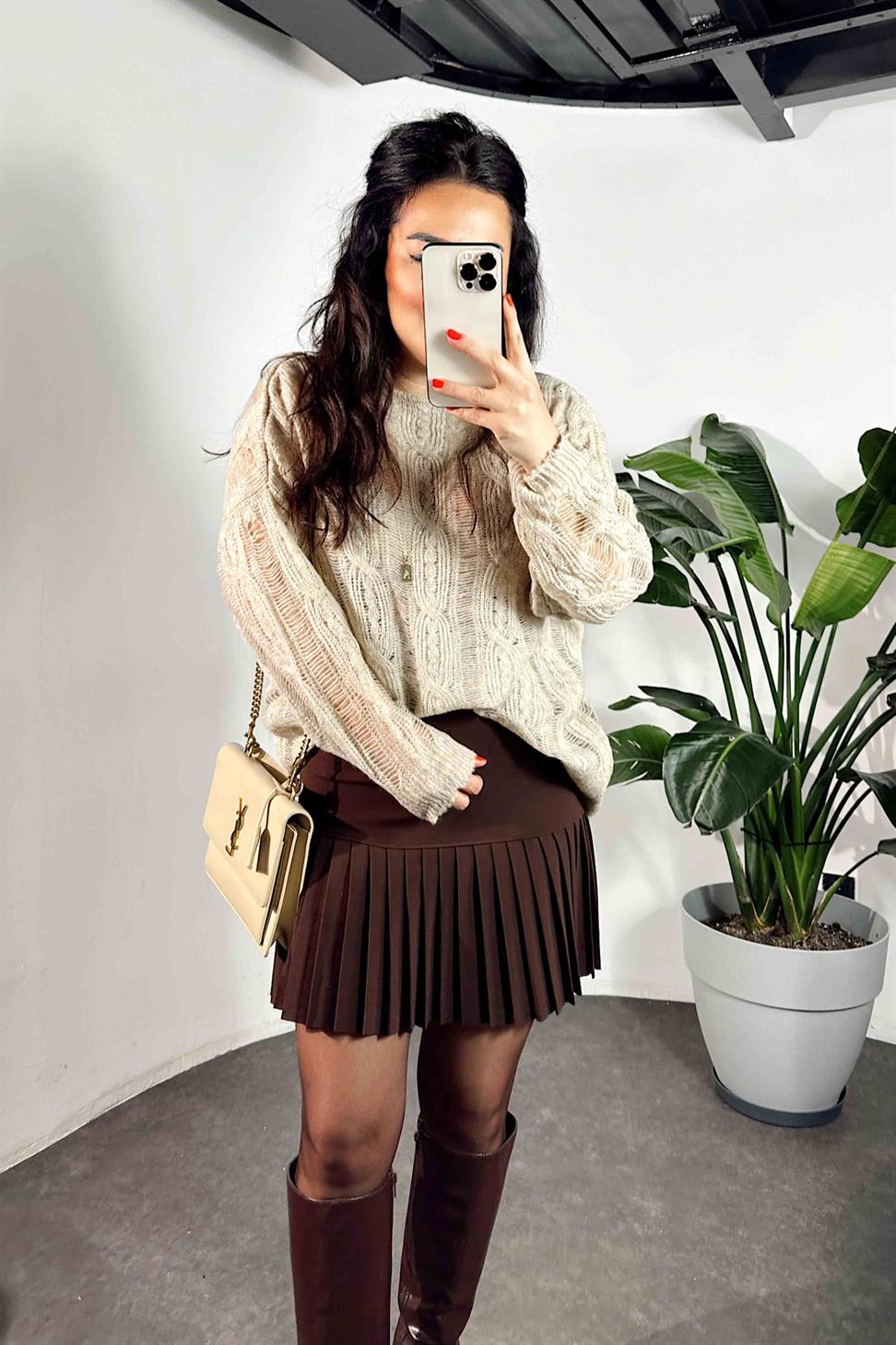 Full Likralı Yarı Piliseli Kumaş Etek Acı Kahve