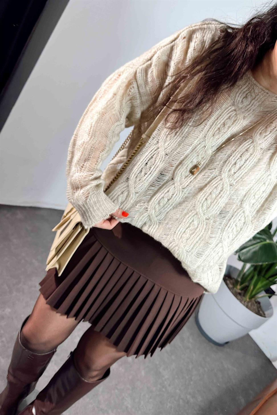 Full Likralı Yarı Piliseli Kumaş Etek Acı Kahve