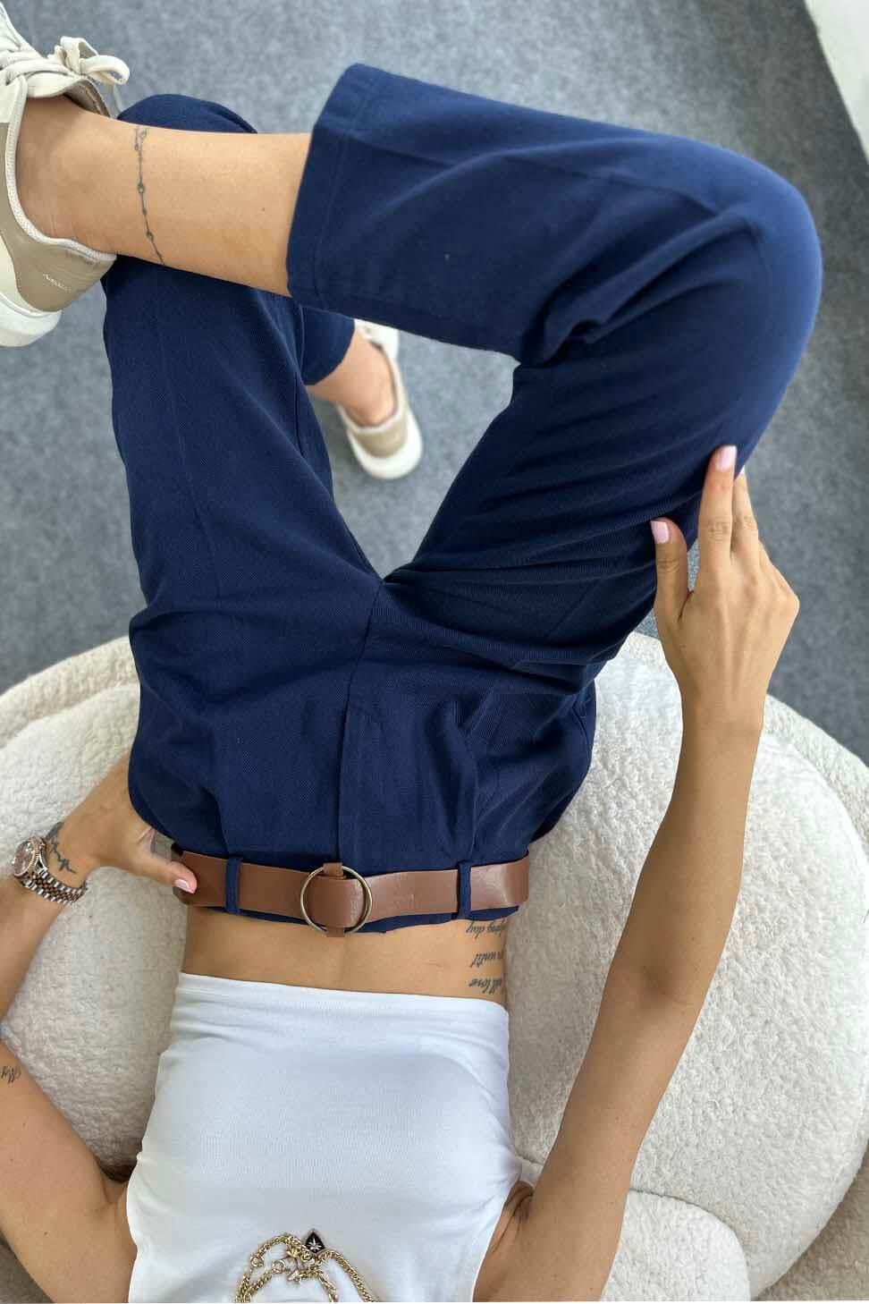 Gabardin Kumaş Kendinden Kemerli Kadın Pantolon Lacivert