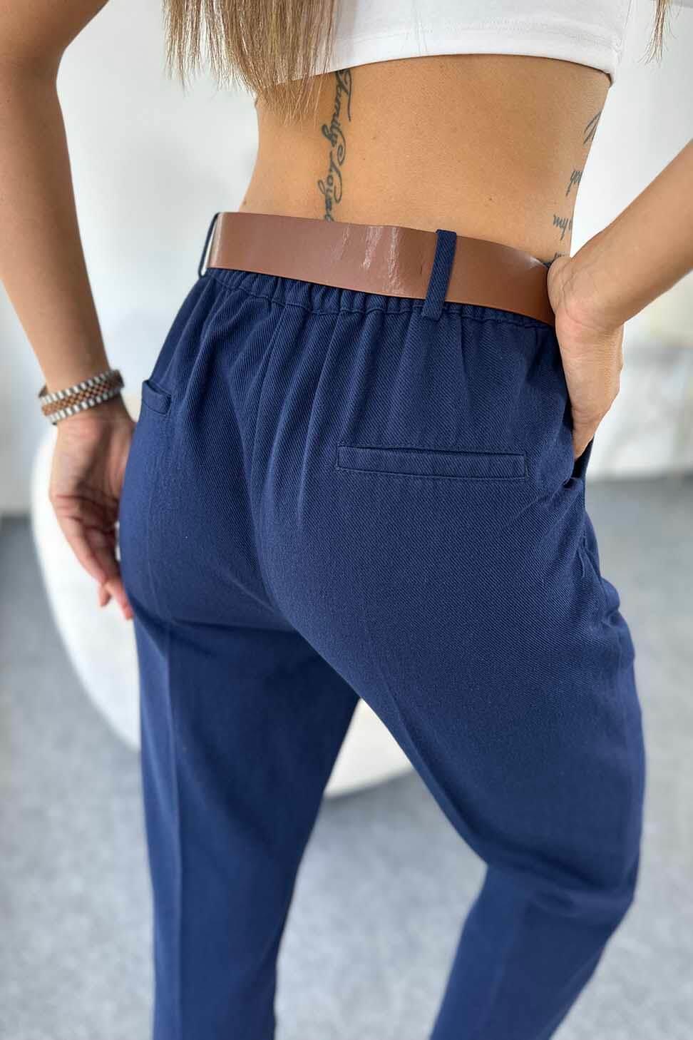 Gabardin Kumaş Kendinden Kemerli Kadın Pantolon Lacivert