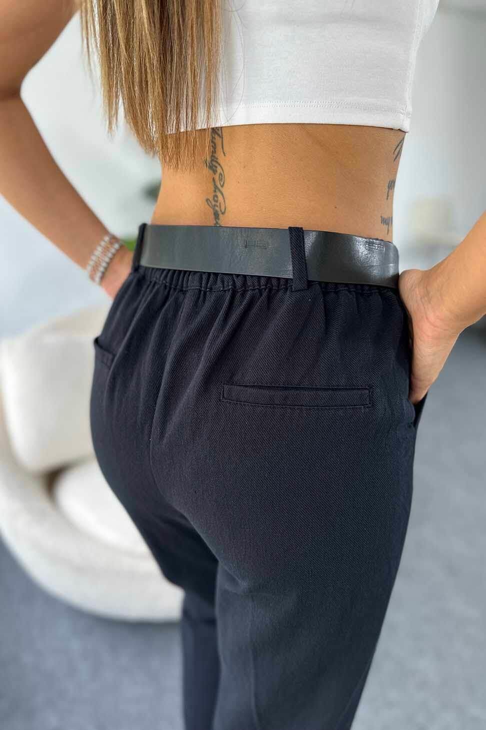 Gabardin Kumaş Kendinden Kemerli Kadın Pantolon Siyah