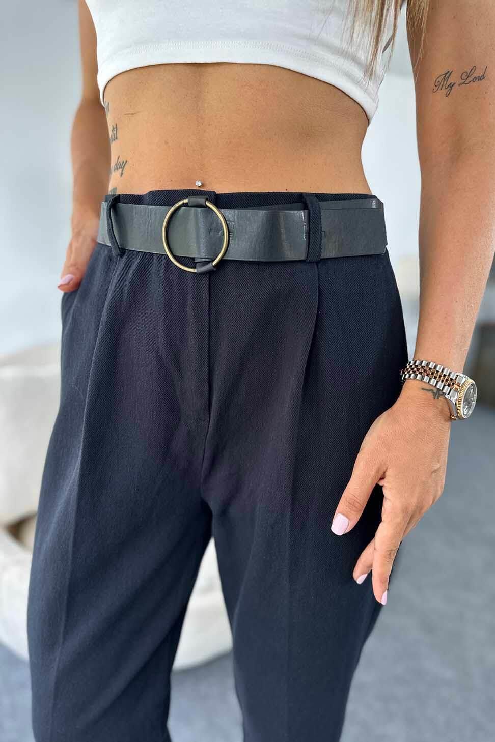 Gabardin Kumaş Kendinden Kemerli Kadın Pantolon Siyah