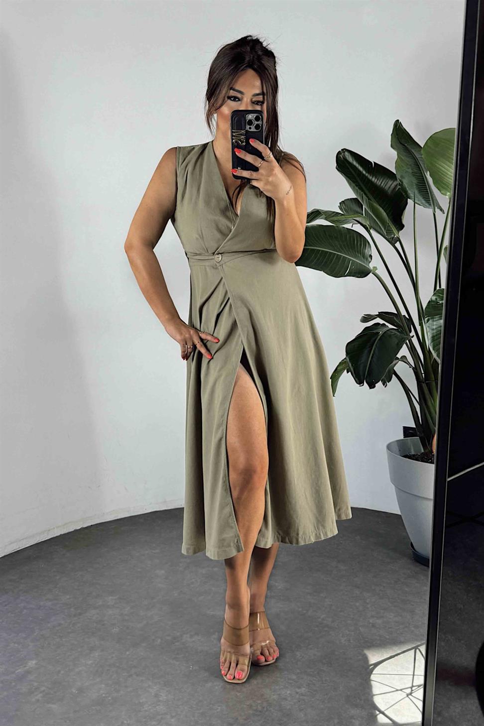 Gabardin Kumaş Önden Düğmeli Midi Elbise Haki