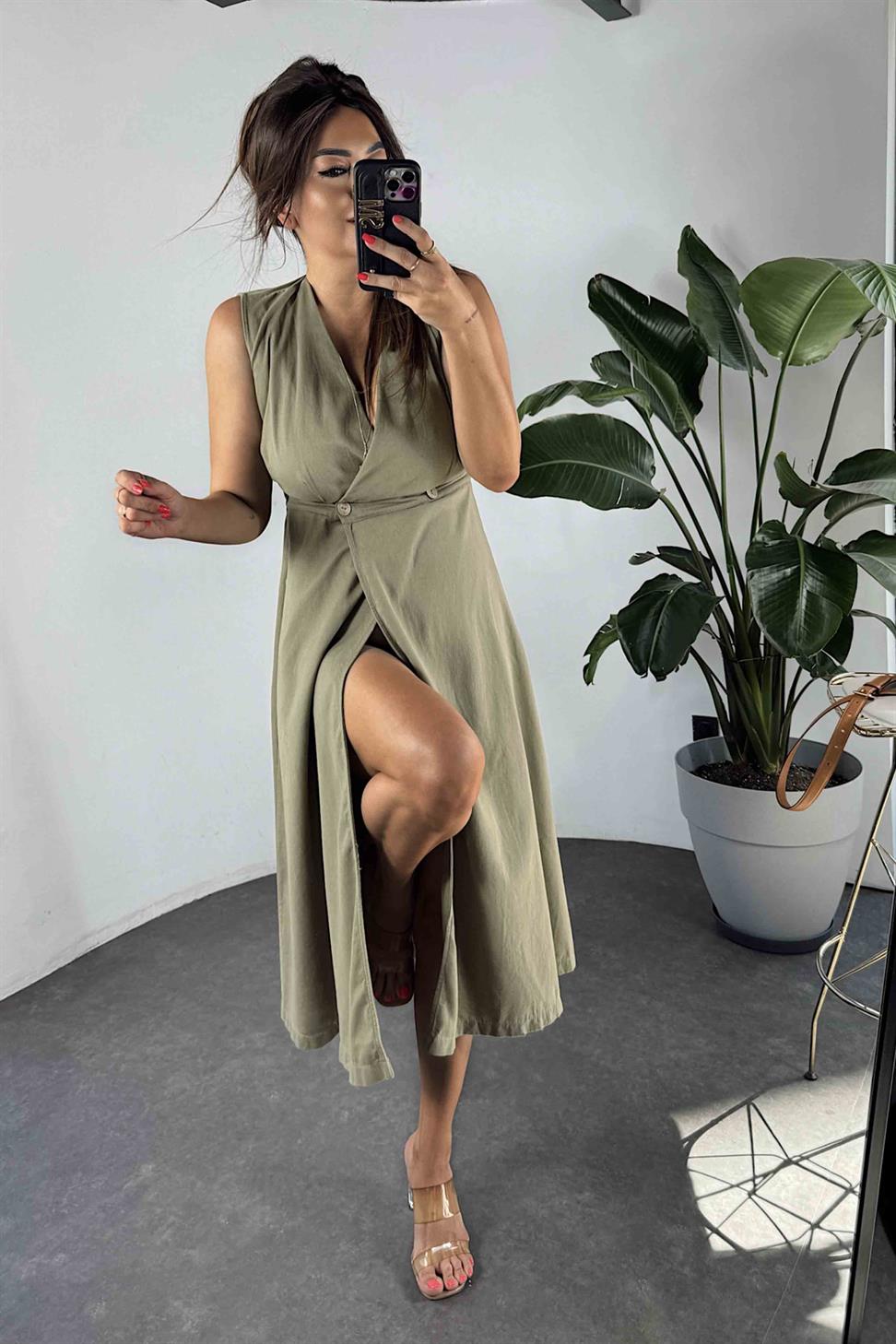 Gabardin Kumaş Önden Düğmeli Midi Elbise Haki