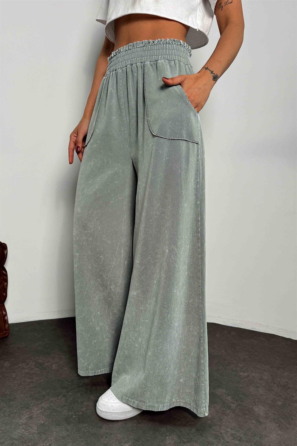 Gabardin Kumaş Yıkamalı Palazzo Pantolon Mint
