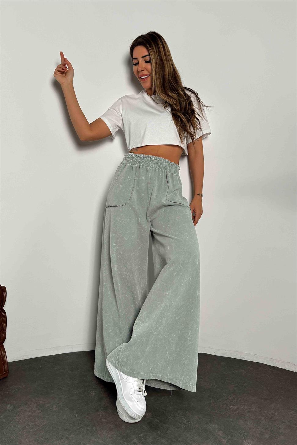 Gabardin Kumaş Yıkamalı Palazzo Pantolon Mint