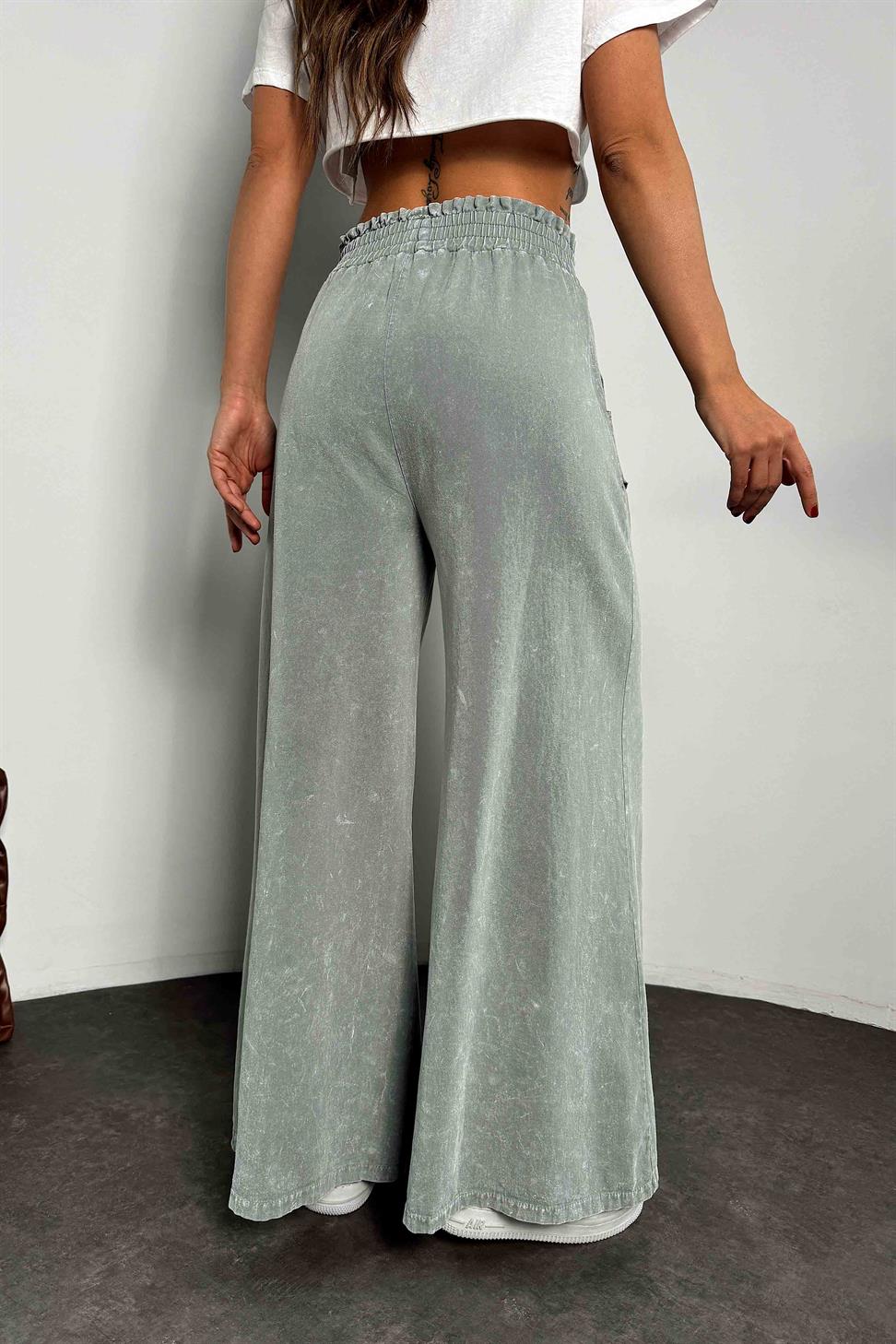 Gabardin Kumaş Yıkamalı Palazzo Pantolon Mint