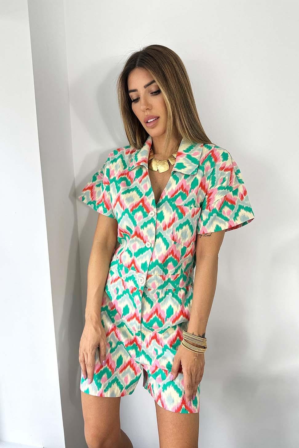 Gabardin Kumaş Zik Zak Desenli Kısa Tulum Renkli